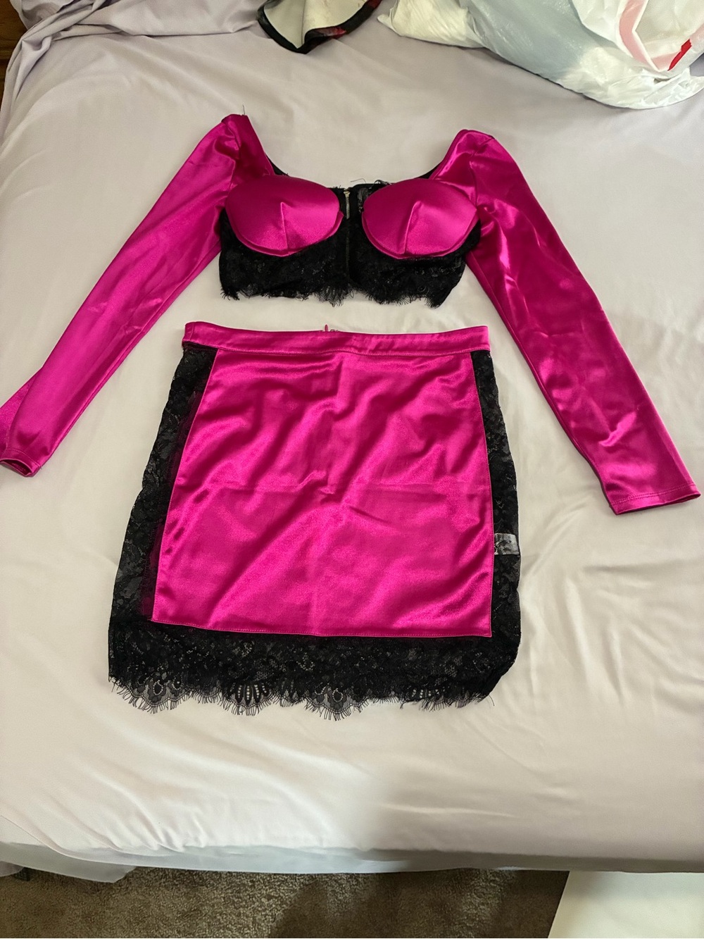 Fuchsia Satin Mini Skirt and Long Sleeve Crop Top with Black Lace Trim